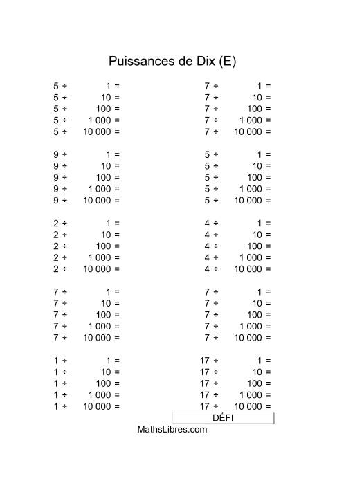 Nombres un-chiffre divisés par puissances positives de dix (E)