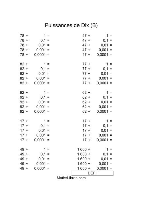 Nombres deux-chiffres divisés par puissances négatives de dix (B)