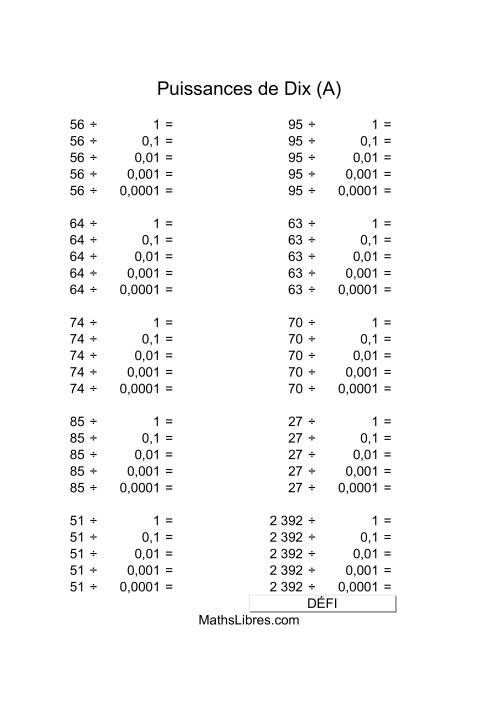 Nombres deux-chiffres divisés par puissances négatives de dix (Tout)