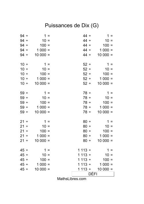 Nombres deux-chiffres divisés par puissances positives de dix (G)