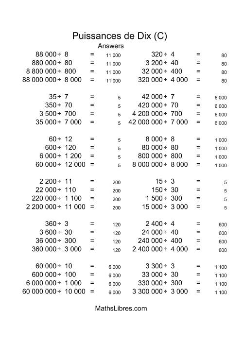 Nombres entiers divisés par multiples de puissances positives de dix (quotients entiers) (C) page 2