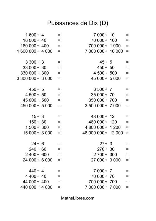 Nombres entiers divisés par multiples de puissances positives de dix (quotients entiers) (D)