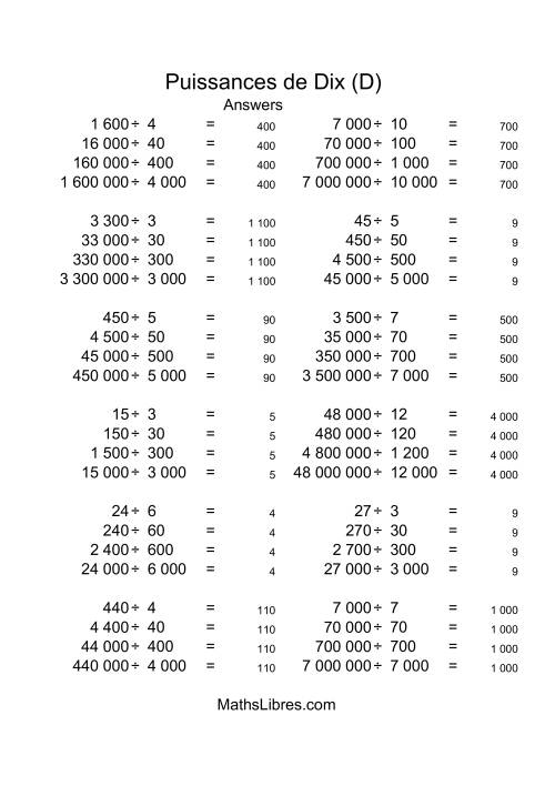 Nombres entiers divisés par multiples de puissances positives de dix (quotients entiers) (D) page 2