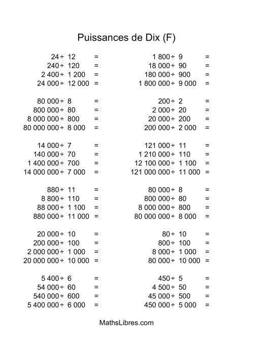 Nombres entiers divisés par multiples de puissances positives de dix (quotients entiers) (F)