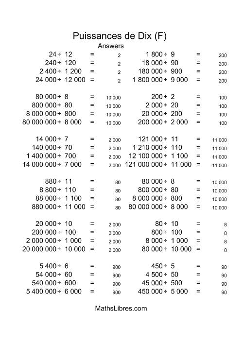 Nombres entiers divisés par multiples de puissances positives de dix (quotients entiers) (F) page 2