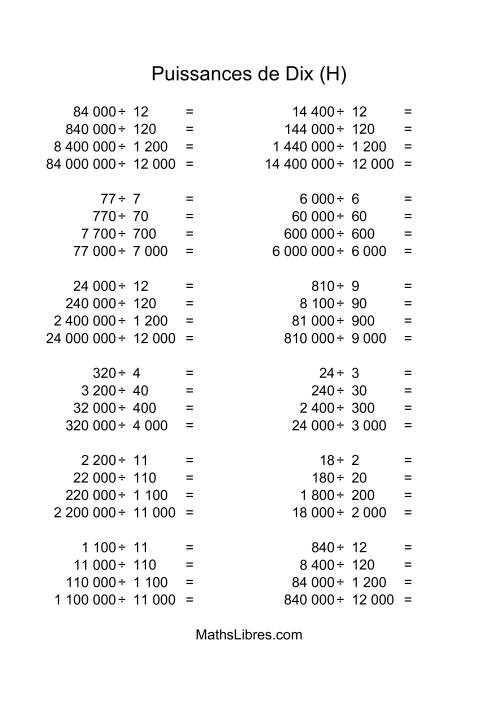 Nombres entiers divisés par multiples de puissances positives de dix (quotients entiers) (H)