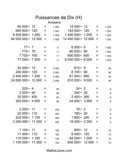 Nombres entiers divisés par multiples de puissances positives de dix (quotients entiers) (H) page 2