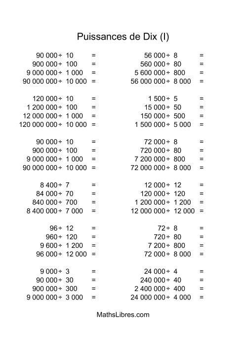 Nombres entiers divisés par multiples de puissances positives de dix (quotients entiers) (I)