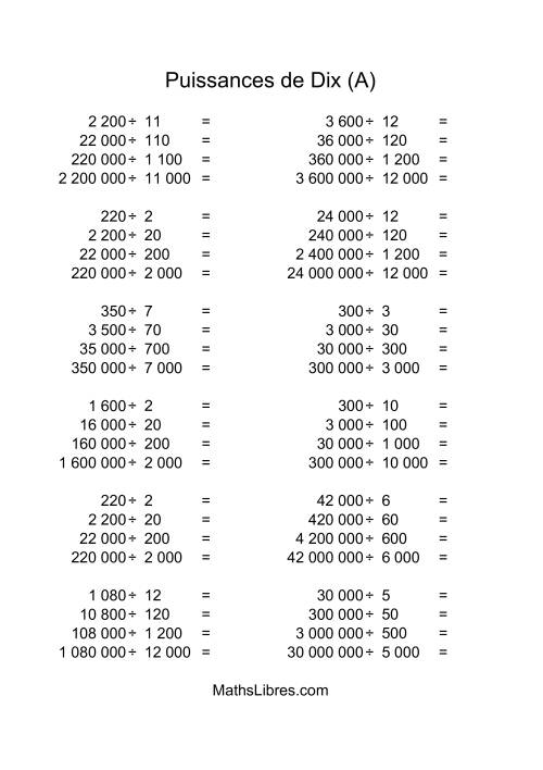 Nombres entiers divisés par multiples de puissances positives de dix (quotients entiers) (Tout)