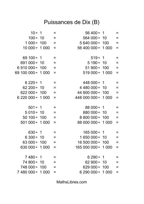 Nombres entiers divisés par puissances positives de dix (quotients entiers) (B)