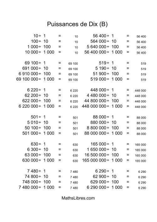 Nombres entiers divisés par puissances positives de dix (quotients entiers) (B) page 2