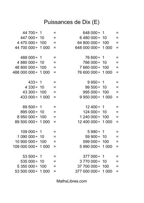 Nombres entiers divisés par puissances positives de dix (quotients entiers) (E)