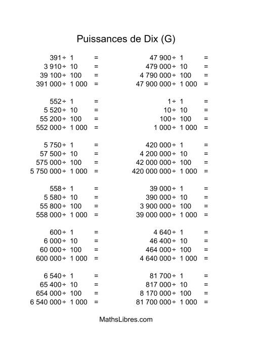 Nombres entiers divisés par puissances positives de dix (quotients entiers) (G)