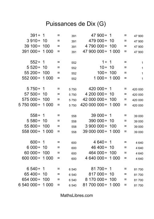 Nombres entiers divisés par puissances positives de dix (quotients entiers) (G) page 2