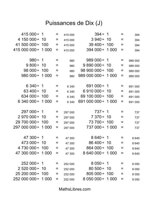 Nombres entiers divisés par puissances positives de dix (quotients entiers) (J) page 2