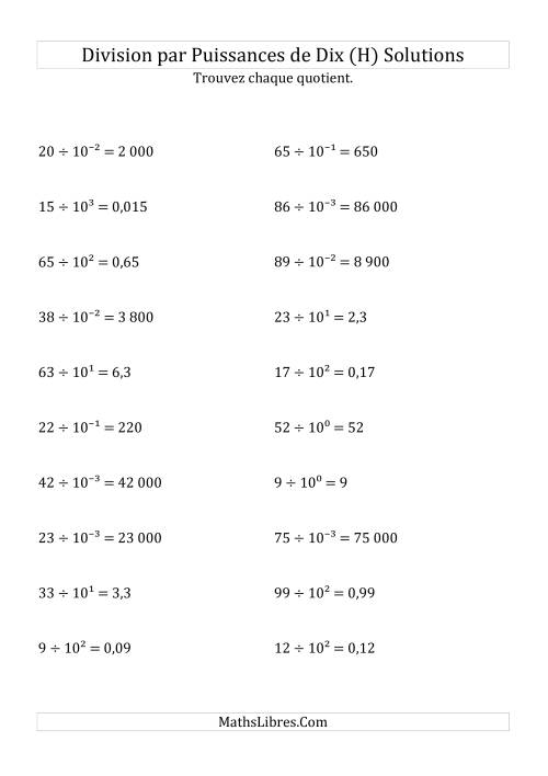Division de nombres entiers par puissances de dix (forme exposant) (H) page 2