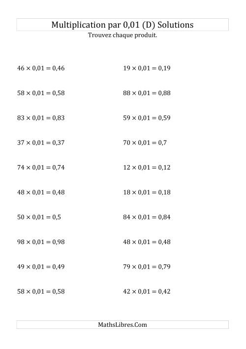 Multiplication de nombres entiers par 0,01 (D) page 2