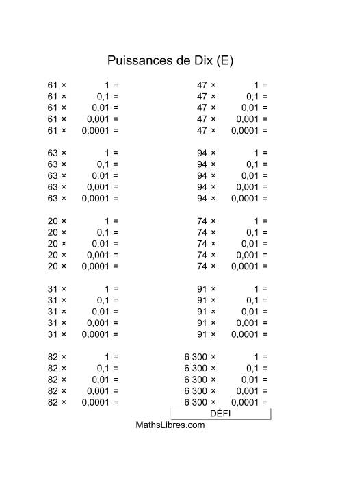 Nombres deux-chiffres multipliés par puissances négatives de dix (E)