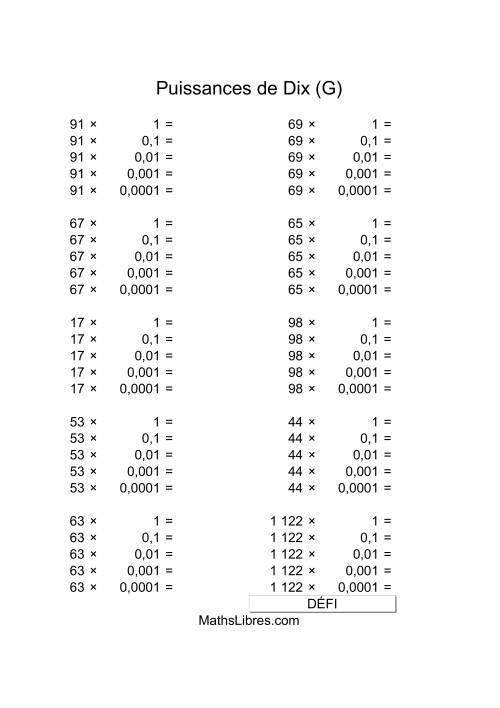 Nombres deux-chiffres multipliés par puissances négatives de dix (G)