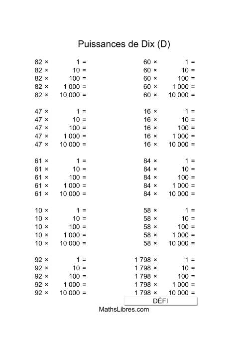 Nombres deux-chiffres multipliés par puissances positives de dix (D)