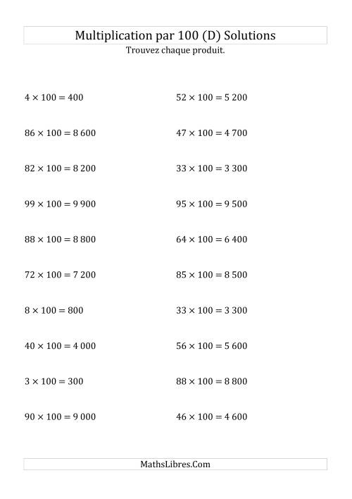 Multiplication de nombres entiers par 100 (D) page 2