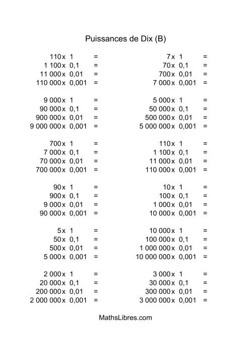 Nombres entiers multipliés par puissances négatives de dix (quotients entiers) (B)