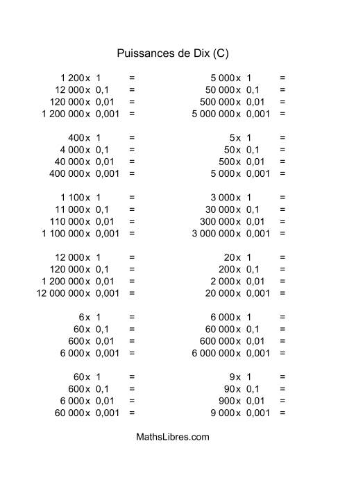 Nombres entiers multipliés par puissances négatives de dix (quotients entiers) (C)
