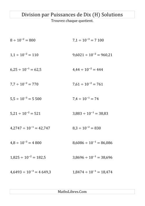 Division de nombres décimaux par puissances négatives de dix (formes décimale) (H) page 2