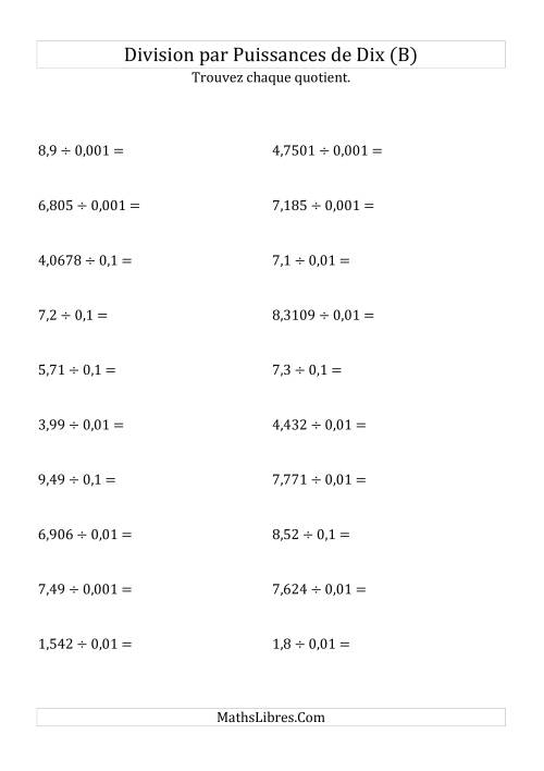 Division de nombres décimaux par puissances négatives de dix (formes standard) (B)