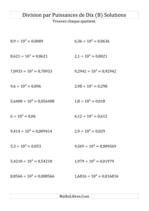 Division de nombres décimaux par puissances positives de dix (forme exposant) (B) page 2