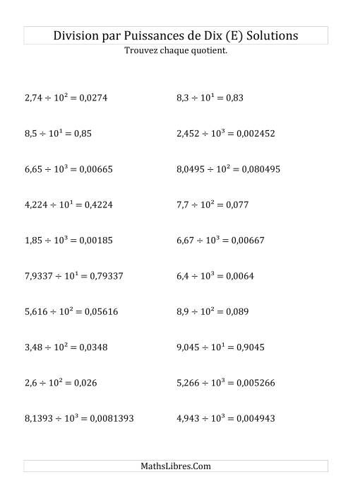 Division de nombres décimaux par puissances positives de dix (forme exposant) (E) page 2