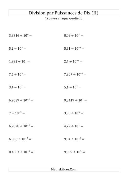 Division de nombres décimaux par puissances de dix (forme exposant) (H)