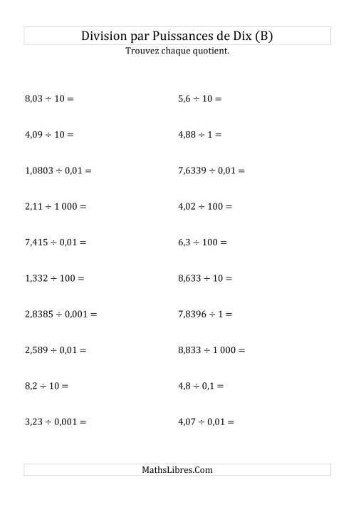 Division de nombres décimaux par puissances de dix (forme standard) (B)