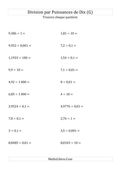 Division de nombres décimaux par puissances de dix (forme standard) (G)