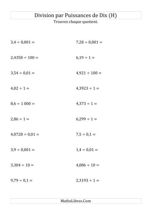 Division de nombres décimaux par puissances de dix (forme standard) (H)