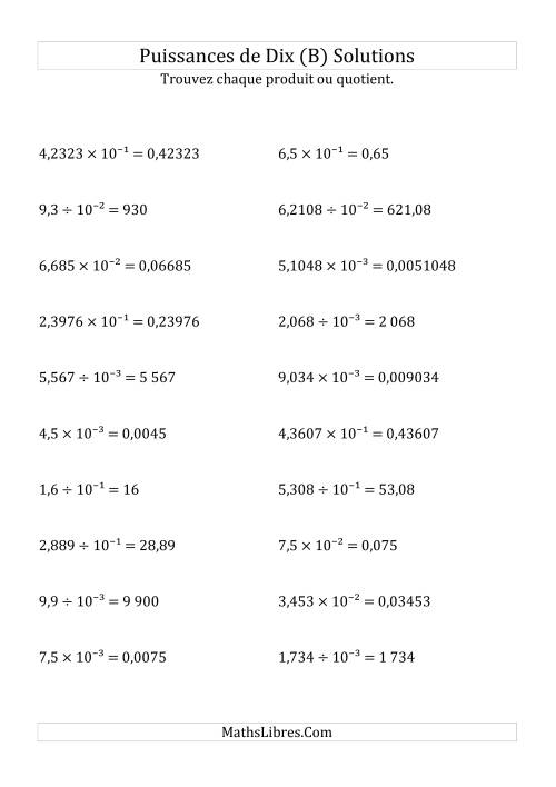 Multiplication et division de nombres décimaux par puissances négatives de dix (forme exposant) (B) page 2
