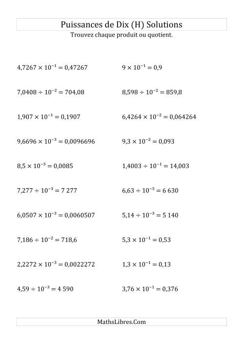 Multiplication et division de nombres décimaux par puissances négatives de dix (forme exposant) (H) page 2
