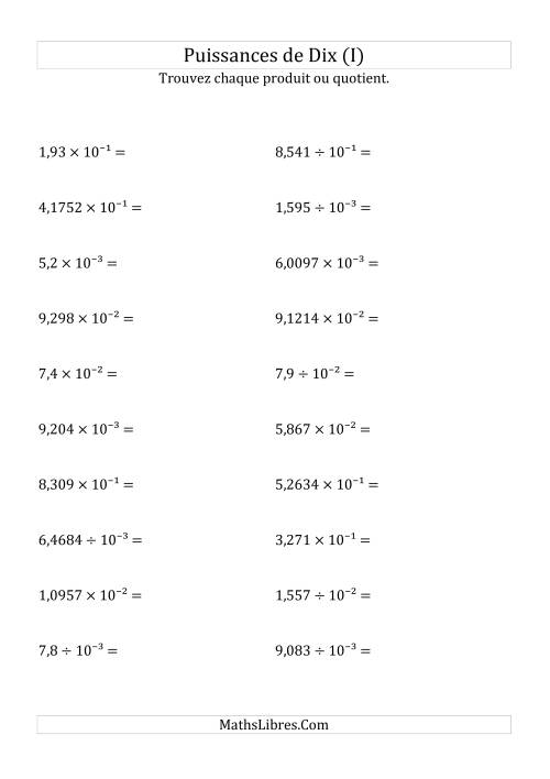 Multiplication et division de nombres décimaux par puissances négatives de dix (forme exposant) (I)