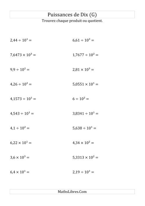 Multiplication et division de nombres décimaux par puissances positives de dix (forme décimale) (G)