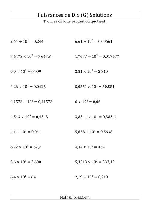 Multiplication et division de nombres décimaux par puissances positives de dix (forme décimale) (G) page 2