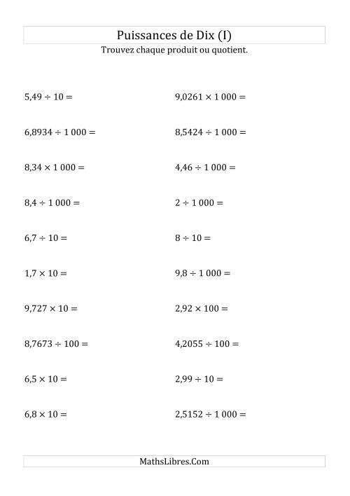 Multiplication et division de nombres décimaux par puissances positives de dix (forme standard) (I)