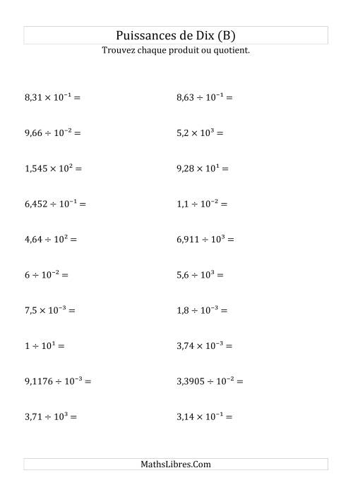 Multiplication et division de nombres décimaux par puissances de dix (forme décimale) (B)