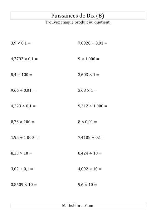 Multiplication et division de nombres décimaux par puissances de dix (forme standard) (B)