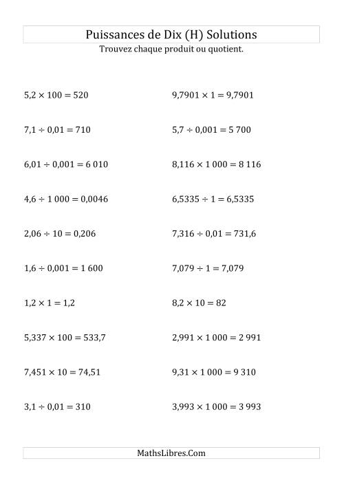 Multiplication et division de nombres décimaux par puissances de dix (forme standard) (H) page 2