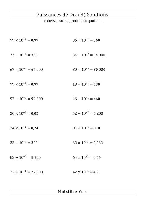 Multiplication et division de nombres entiers par puissances négatives de dix (forme exposant) (B) page 2