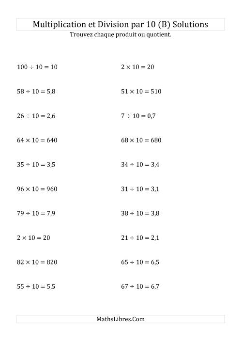Multiplication et division de nombres entiers par 10 (B) page 2