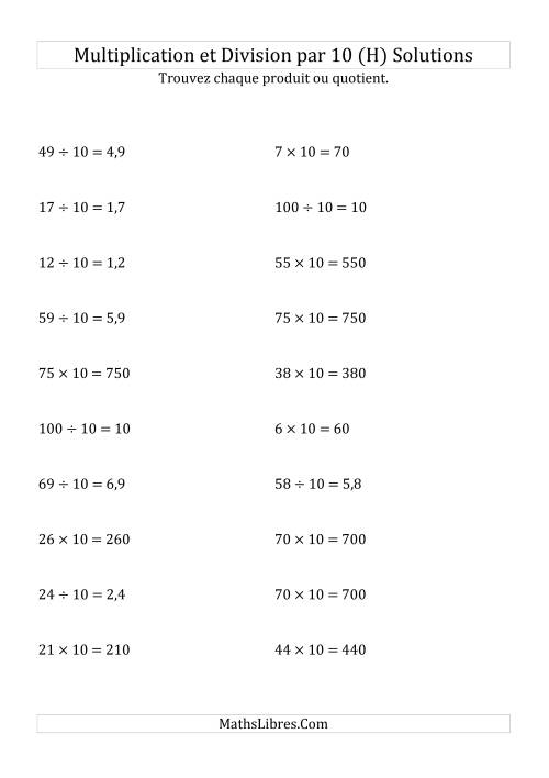 Multiplication et division de nombres entiers par 10 (H) page 2