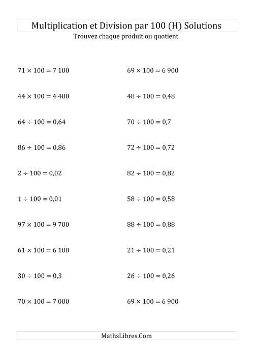 Multiplication et division de nombres entiers par 100 (H) page 2