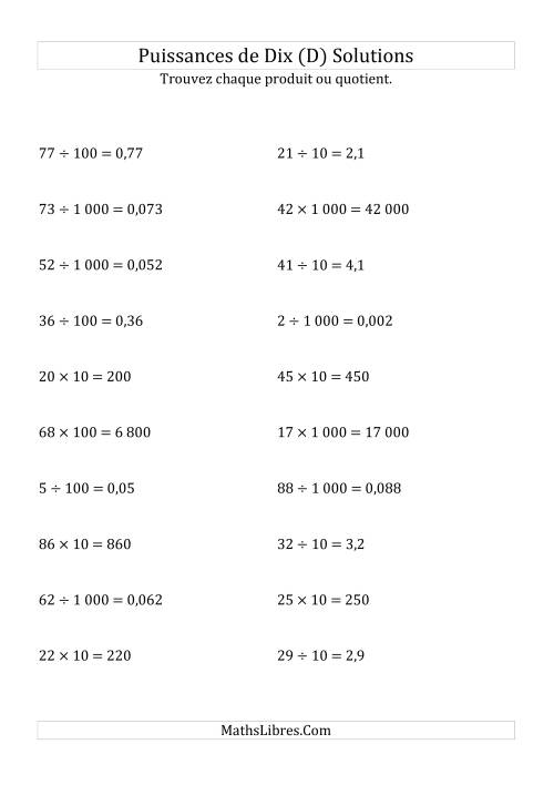 Multiplication et division de nombres entiers par puissances positives de dix (forme standard) (D) page 2