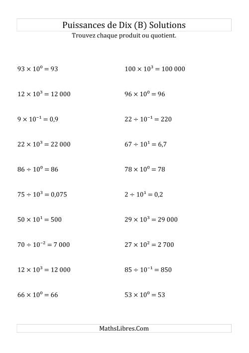 Multiplication et division de nombres entiers par puissances de dix (forme exposant) (B) page 2